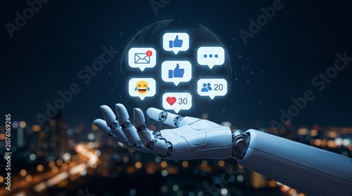 Robotic hand holding social media icons. AI managing digital engagement. Future tech marketing concept.