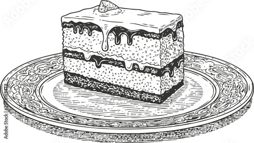 Vintage hand drawn cake slice with frosting and chocolate drizzle on decorative plate illustration