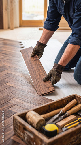Professional male worker installing dark wooden parquet flooring in a room. Close-up of hands in gloves placing a plank with carpentry tools in a wooden box in the foreground. Home renovation.