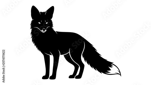 Фотография Silhouette of a Fox Standing Gracefully: A striking black silhouette of a fox with a bushy tail stands alert, its form detailed against a plain background, evoking a sense of wildness and mystery