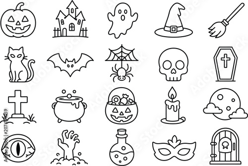 Halloween Thin Line Icon Set for Spooky Celebration, Ghost, Pumpkin, Witch and Horror Festival Vector Graphics