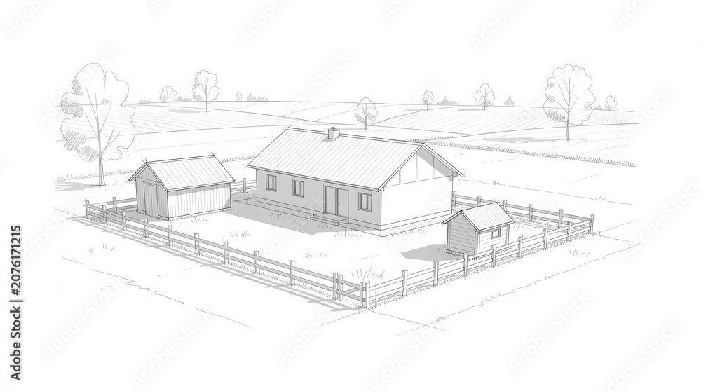 Fototapeta premium Rural country house drawing with farm buildings and fence