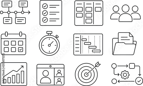 Business Strategy Thin Line Icon Set for Planning, Growth, Marketing and Management Vector Illustration