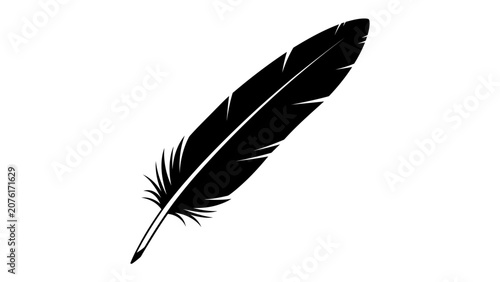 Принти на полотні Black Feather Detail: A striking, detailed illustration of a single black feather, showcasing its delicate barbs and natural texture, rendered against a clean background