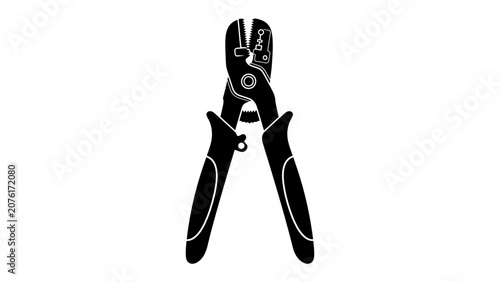 Photography Wire Stripper Tool Silhouette: A graphic illustration of a wire stripper tool, also known as a wire crimper or cable stripper, depicted in a stark black silhouette against a plain background
