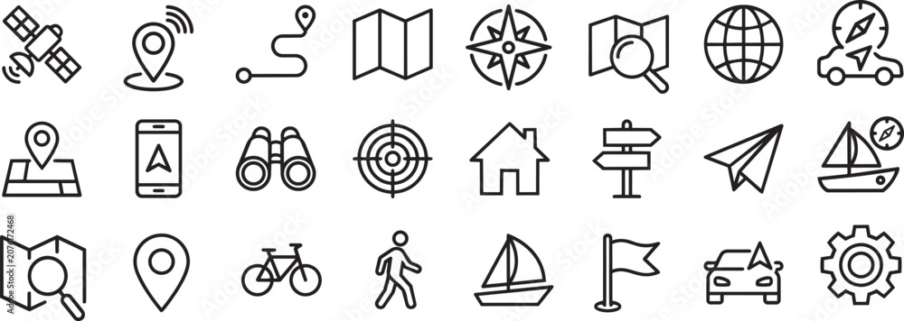 Fototapeta premium Navigation and Location Map Line Icons Vector Set