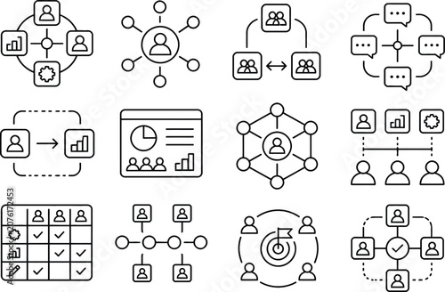 Business Data Network Icons Set – CRM, Analytics, Cloud & Team Structure Vector Pack