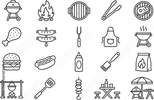 BBQ & Food Cooking Line Icons Set – Grill, Fast Food, Kitchen & Outdoor Cooking Vector Pack