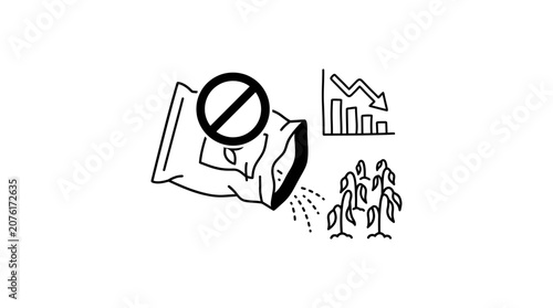 Pesticide Ban Symbol, Falling Graph, and Dying Plant Icon