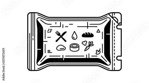 MRE Meal Kit Packaging with Food Icons, Vector Illustration