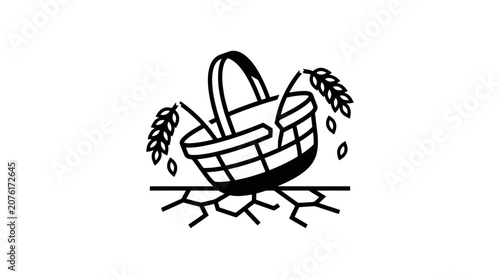 Empty basket with dry wheat stalks on cracked earth, symbolizing drought and scarcity