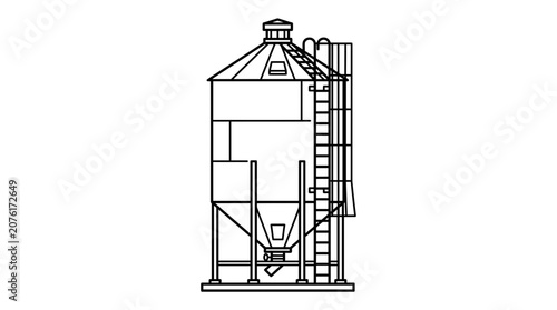 Industrial Grain Silo Storage Tank with Ladder - Outline Drawing