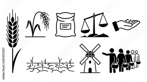 Agriculture Icons Set: Wheat, Farming, Harvest, Grain, Scales, Seeds, Drought, Mill, People