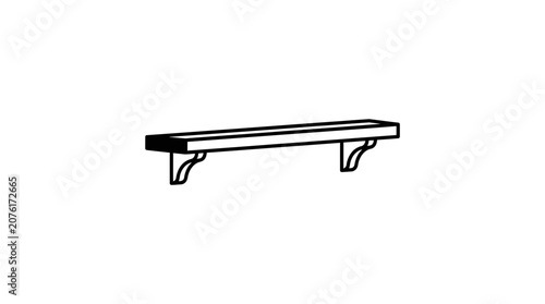 Simple Wooden Shelf with Brackets, Minimalist Line Art Drawing