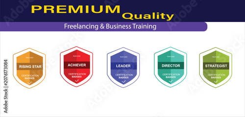 Set of five colorful business certification badges for freelancing training