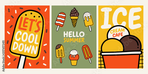Colorful ice cream posters and popsicles  summer treats