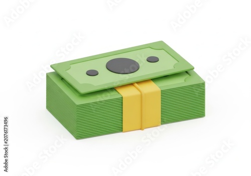 3d stack of green money with rubber band and coins isolated on white background