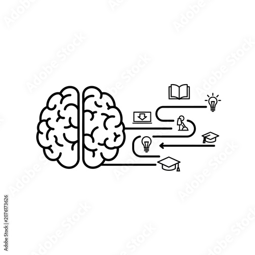Brain with education icons flowing out.