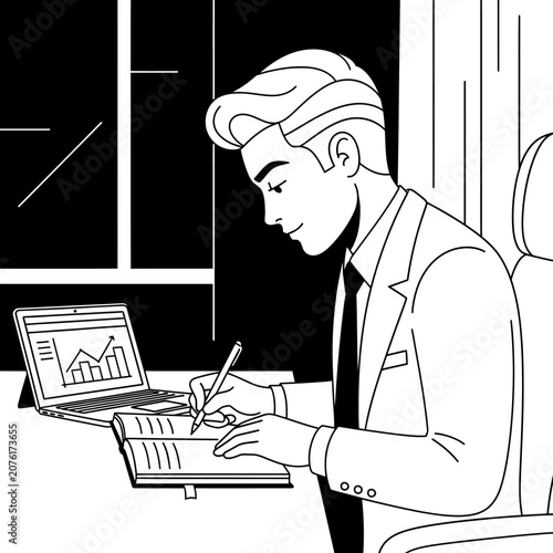 Businessman working on laptop computer.