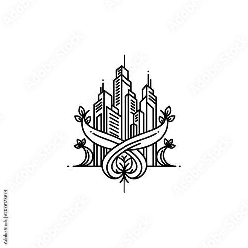 City skyline with leafy design element.
