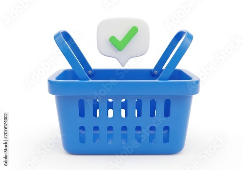Blue shopping basket with green checkmark speech bubble isolated on white background