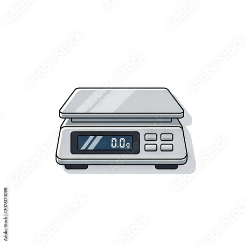 Digital kitchen scale for weighing food ingredients, vector illustration of a modern electronic weighing device with a display showing zero grams, isolated on white background
