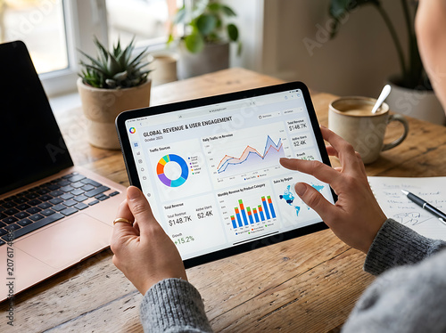 Person analyzing global revenue and user engagement on a tablet at a desk with laptop and coffee