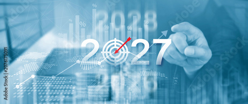 Vision 2027. Business Target for 2027, Businessman Pointing at Year 2027 with Dartboard Target Icon, Financial Goals and Business Strategy, Planning and Investment, not ai