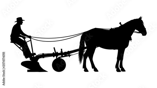 Obraz na plátne Farmer Plowing Field with Horse: Silhouette of a farmer in a hat, guiding a horse-drawn plow through a field, symbolizing traditional agriculture and hard work