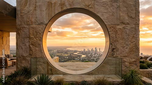 Stunning circular stone window frame overlooking a panoramic sunset view of the gold coast city skyline and coastline in australia
