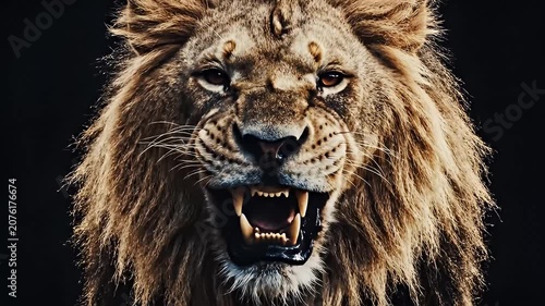 Angry lion roaring with open mouth baring sharp teeth in close-up portrait