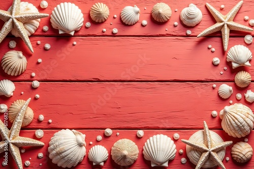 sfondo con tavole rosse e conchiglie e stelle marine 03