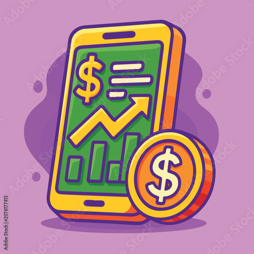 Mobile Investment Growth App with Dollar Coin Cartoon Vector