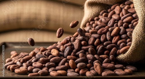 Aromatic Cocoa Beans Falling and Spilling From Burlap Sack Onto Tray