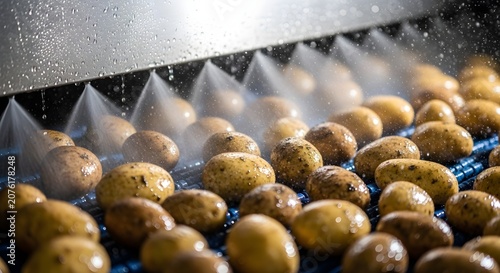 Industrial Potato Washing Process with Water Sprayers on Conveyor Belt