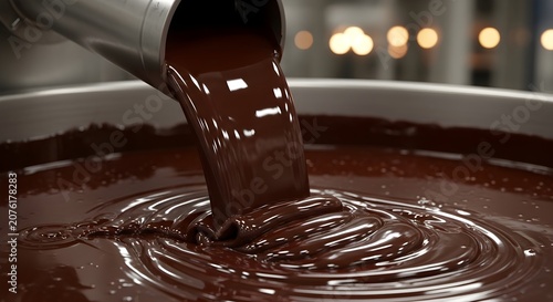 Liquid Melted Chocolate Pouring From Metal Pipe into Large Mixing Vat