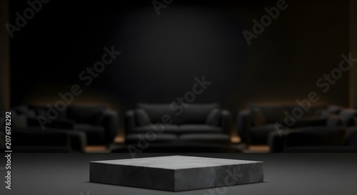 Luxury Black Stone Podium in Elegant Dark Living Room Studio Background