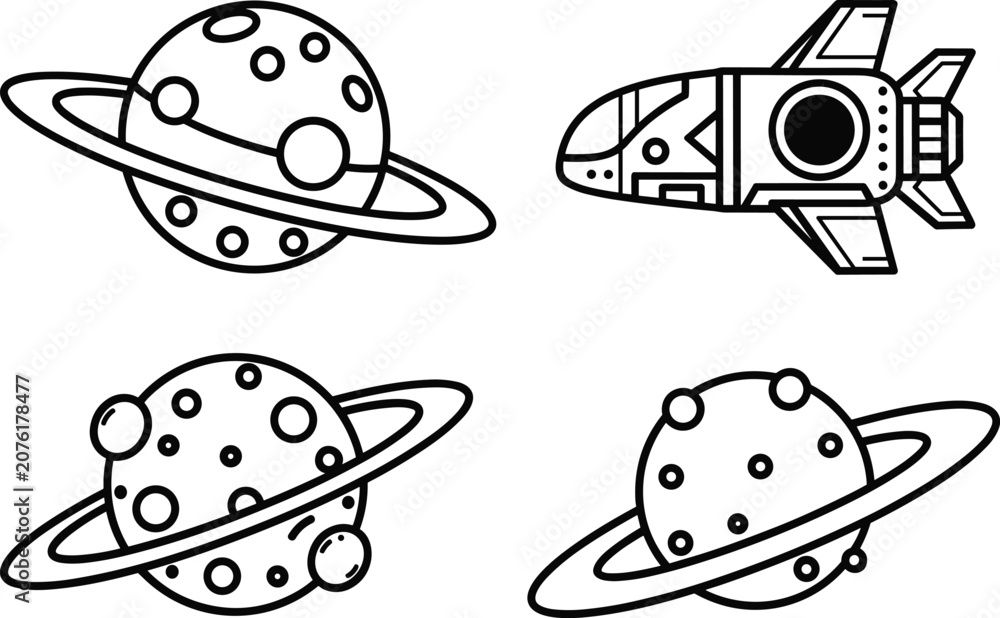 Fototapeta premium Minimalist outer space line icon set featuring futuristic rocket spaceship and ringed planets for commercial graphic design branding stickers and education
