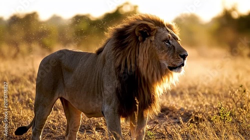 Majestic male lion standing in the African savanna during golden hour sunset