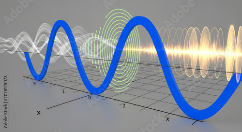 3D Physics Diagram of a Traveling Wave Packet and Sine Wave