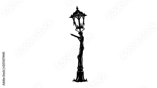 Tableau sur toile Antique Street Lamp Silhouette: A vintage street lamp, depicted as a stark black silhouette, stands as a solitary beacon, evoking a sense of history and timelessness