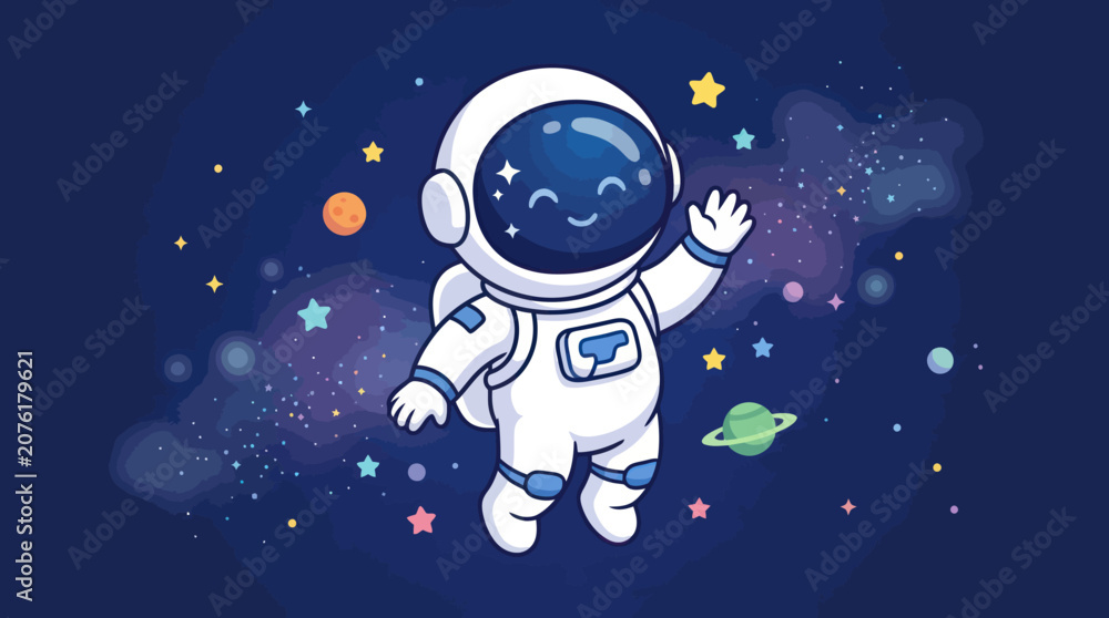 Naklejka premium Astronaut floating in space with cartoonish smile and colorful stars
