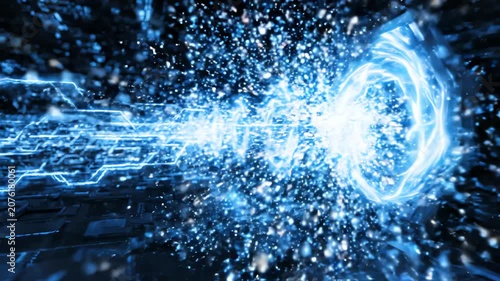 Cyber blue neon lines flowing into bright digital entry points and glowing particles in a futuristic data transfer animation