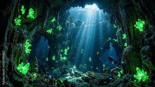 Glowing neon green bioluminescent crystals illuminating a deep underwater cavern with sun rays piercing through a massive ceiling hole, sea