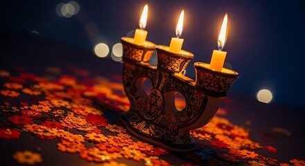 Hanukkah celebration lit menorah with star of david and festive confetti