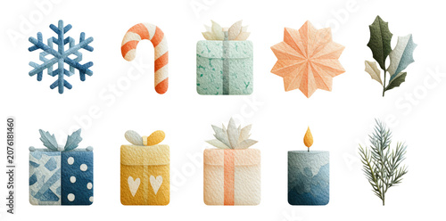 Colorful Watercolor Winter Themed Illustrations of Gifts and Decorations