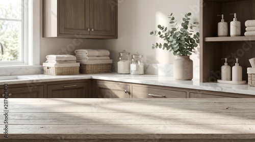 Empty wooden table top in bright laundry room background for product display mockup interior design luxury cabinets