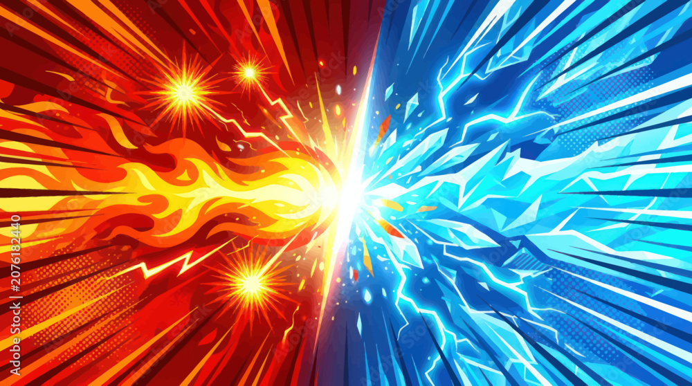 Obraz premium Dramatic battle scene with intense flames and lightning versus ice and water explosion background
