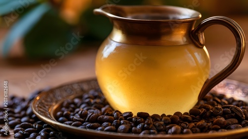 A ro shot of a golden pitcher of lemonade surrounded by coffee beans creating a sense of wonder and calm