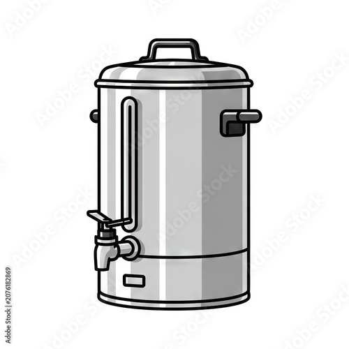 Stainless steel commercial hot water boiler or coffee urn with a tap and water level gauge, isolated on white background
